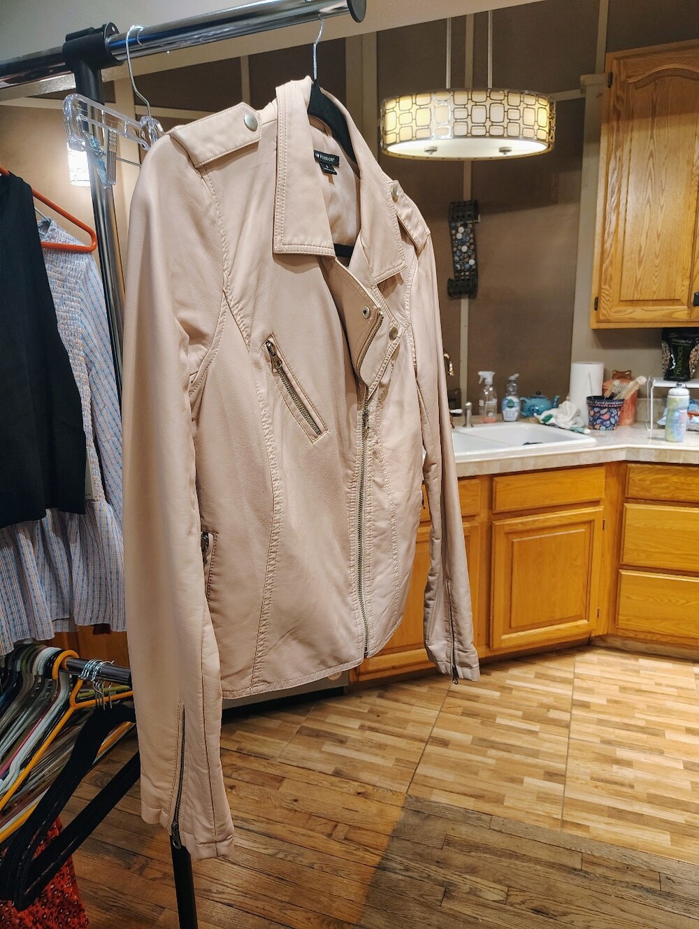 Neutral Beige/Lt PINK Moto Jacket - Women’s Lightweight Faux Leather